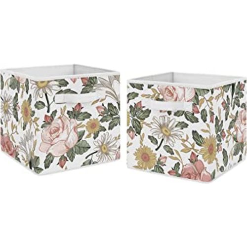 Sweet Jojo Designs Vintage Floral Boho Foldable Fabric Storage Cube Bins Boxes Organizer Toys Kids Baby Childrens - Set of 2 - Blush Pink, Yellow, Green and White Shabby Chic Rose Flower Farmhouse