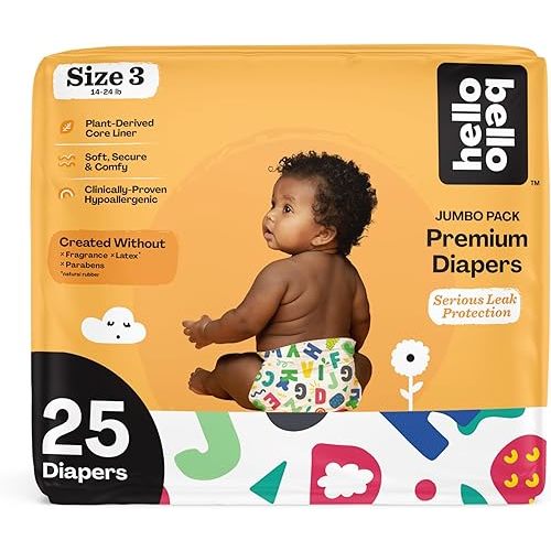 Hello Bello Premium Baby Diapers Size 3, 25 Count of Disposable, Extra-Absorbent, Hypoallergenic Baby Diapers with Snug and Comfort Fit, Alphabet Soup