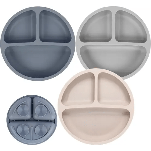 Toddler Plates, 3 Pack Divided Baby Plates with Suction, Food Grade Silicone Baby Led Weaning Supplies, BPA Free, Non-Slip, Microwave and Dishwasher Safe