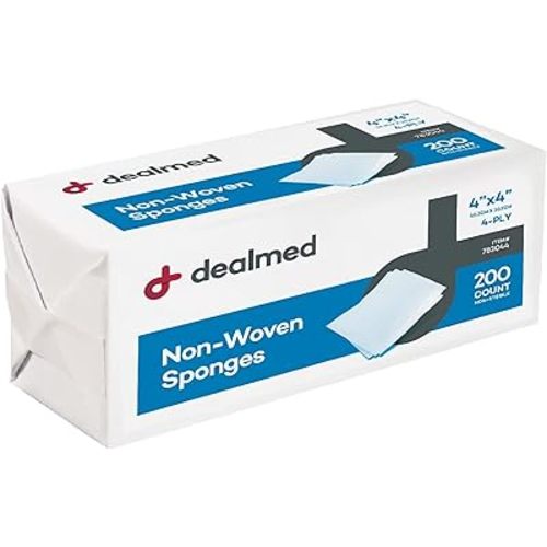 Dealmed 4" x 4" Non-Woven Gauze Sponges, 4-Ply All-Purpose Non-Sterile Gauze Pads, Absorbent Dental Gauze Wound Care for First Aid Kit/Medical Facilities, 200 Count (Pack of 1)