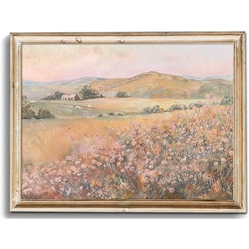 uniro Vintage Wall Art Prints Wildflower Farmhouse Wall Decor, Vintage Landscape Canvas Oil Painting Peach Pink Flowers Mounatin Artwork for Bedroom Nursery Decor (8" x 10"-UNFRAMED)