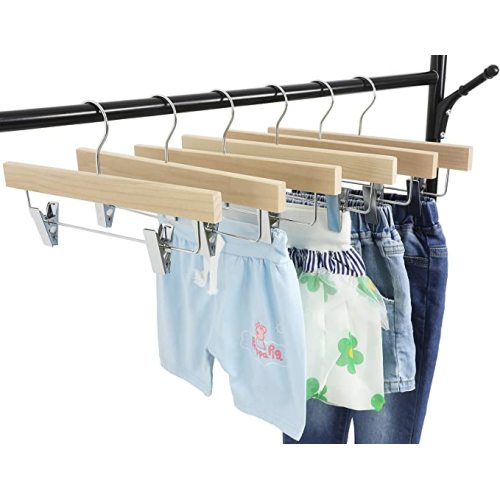 TOPIA HANGER 11.8'' Unfinished / Natural Wooden Pants Skirt Hangers for Kids Baby Toddler Children , Extra Thick Chrome Hooks & Anti-Wrinkle Premium Flat Clips 10 Pack CT09PN