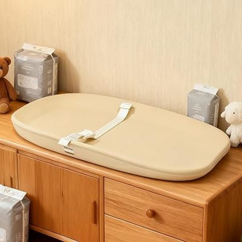Non-Slip EVA Baby Changing Pad, Wipeable and Waterproof Diaper Changing Mat with Safety Belt, Soft Nursery Pad for Dresser or Table, Newborn to Toddler, Easy Wipe Clean Oat