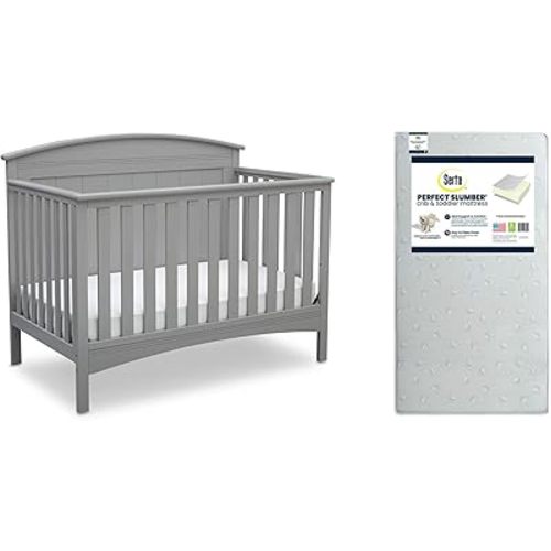 Delta Children Archer 4-in-1 Crib, Grey + Serta Perfect Slumber Dual Sided Recycled Fiber Core Crib and Toddler Mattress (Bundle)