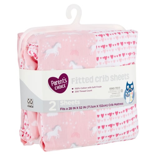 Parent's Choice 100% Cotton Fitted Crib Sheets, Unicorn, Pink, 2-Pack