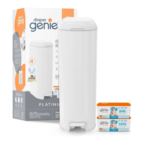 Diaper Genie Platinum Pail Gift Set, Lily White, Made of Durable Stainless Steel and Includes 2 Easy Roll Refills with 18 Bags and 30 Bags