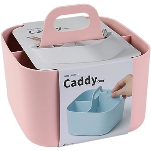 BLUE GINKGO Multipurpose Basket Organiser - Stackable Plastic Basket with Handle | Cleaning Basket, Craft Basket, Desk Basket, Storage for Art and Makeup (Square) - Pink