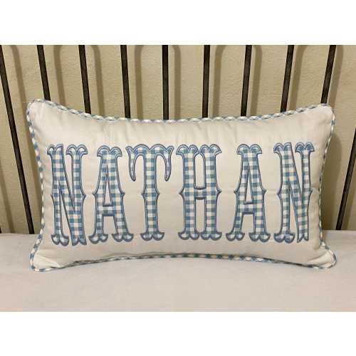 Personalized Gingham Applique Pillow: Custom Name Accent, Blue, Pink, Green
