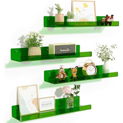 upsimples 4 Pack Acrylic Shelves for Wall Storage, 15" Floating Bookshelves for Kids, Display Shelf Organizer for Bathroom, Bedroom, Living Room Decor, Kitchen, Clear Green