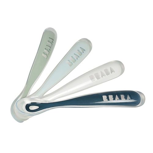 BEABA Baby's First Foods Spoon Set, Original Silicone Baby Spoons, Baby Essentials, Baby Spoons, Pack of 4 Baby Gift Set, BPA Lead & Phthalate Free, Rain