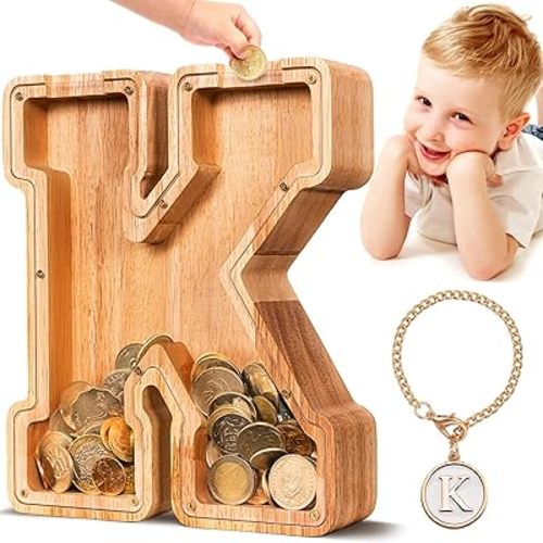 SummiDate Wooden Letter Piggy Bank for Kids| Piggy Bank for Boys Girls Toddler| Alphabet K Money Bank| Wood Coin Bank Personalized Birthday Gift for Kids (K)