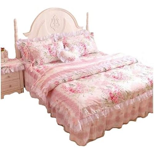 FADFAY,Romantic Flower Print Bedding Set,Floral Bed Set,Princess Lace Ruffle Duvet Cover King Queen Twin,4Pcs (Twin)