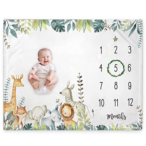 Popfavors, Yuzioey Safari Baby Monthly Milestone Blanket, Jungle Animals Baby Month Blanket , Baby Boy Blanket Growth Chart Nursery Decor, Includes Marker, White, 50Inx40In