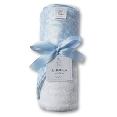 SwaddleDesigns Cotton Terry Velour Hooded Towel for Baby/Toddler, Absorbent with Satin Trim, Absorbent with Satin Trim, Pastel Blue Mini Mod Circles