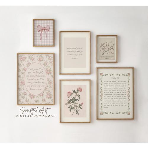 Girls Nursery Decor, Vintage Floral Collage, Cottagecore Bible Verse Bundle, Set of 6, Digital Download