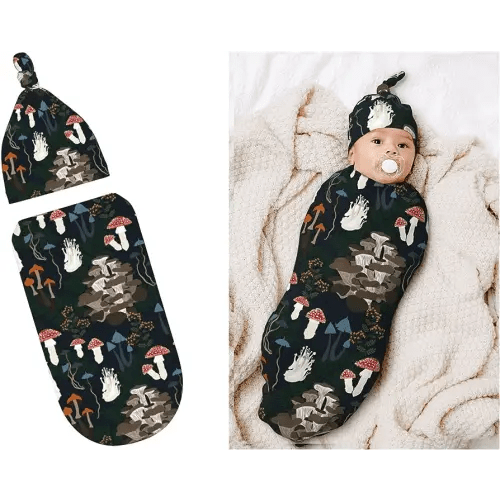 Mushroom Decor Forest Newborn Swaddle Blankets Hat Sets Soft Stretchy Botanical Baby Stuff Receiving Blanket Gifts for Infant Baby Boy Girl