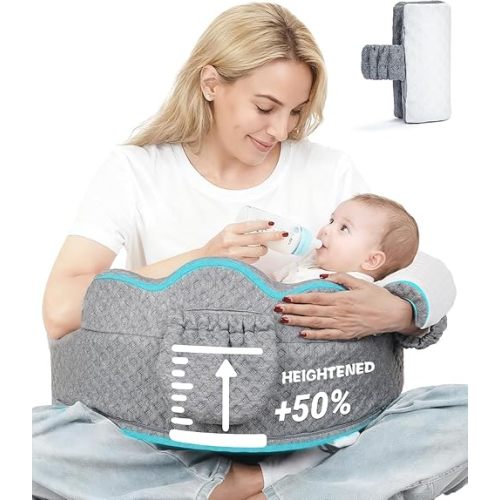 Elevated Nursing Pillow with Arm Pillow, Ergonomic Safety Memory Foam Breastfeeding Pillow, Adjustable Strap, Wider Cushion, Removable Cover & Side Pocket for Breastfeeding & Bottle Feeding