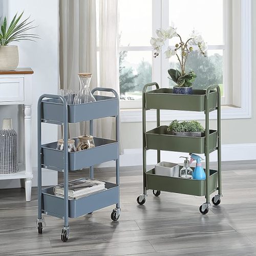 SunnyPoint 3-Tier Delicate Compact Rolling Metal Storage Organizer - Mobile Utility Cart Kitchen/Under Desk Cart with Caster Wheels (Blue, Compact (15.5" X 26.8" X 10.27"))