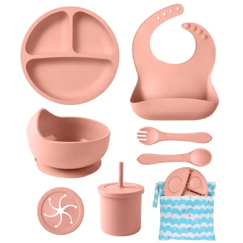 ECLIP Silicone Baby Feeding Set, 10 Pcs Baby Led Weaning Supplies with Suction Bowl Divided Plate Adjustable Bib Soft Spoon Fork Snack Cup with Lid Drinking Cup, Utensil (Brick Red)