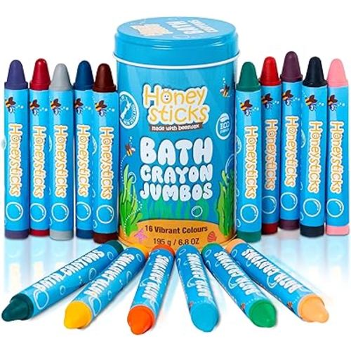 Honeysticks Jumbo Bath Crayons Non Toxic (16 Pack) for Toddlers 1-3 and Kids 4-8, Natural Beeswax Crayons, Food-Grade Colors, Fragrance Free, Non Irritating, Bath Toys for Bathtub, Shower, Gift