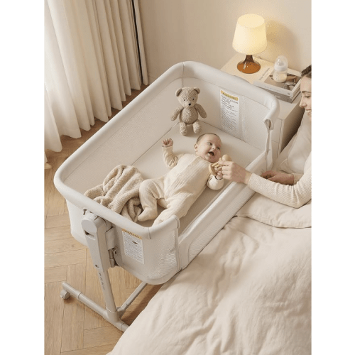 Baby Bassinet Bedside Sleeper 3-in-1, Easy Night Feeding with One-Side Fold & Rolling Wheels, Breathable Mesh, 6-Height Adjustable, Soft Mattress for Newborns