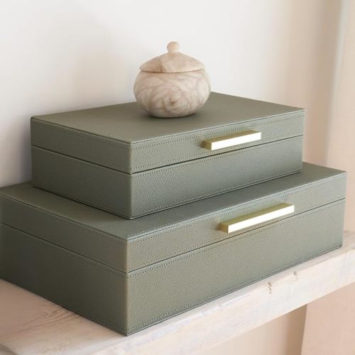 Decorative Storage Boxes with Lids - Set of 2 PU Leather Organizer Bins | Beautiful Bins for Your Bookshelf Home Decor - Safely Store Photos, Documents and Memory Box Keepsakes in Style