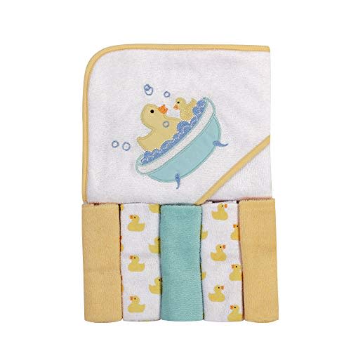 Luvable Friends Unisex Baby Hooded Towel with Five Washcloths, Bathtime Duck, One Size
