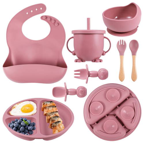 Silicone Baby Feeding Set, 8 Piece Baby Led Weaning Utensils Set, Baby Plates and Bowl Set, Baby Spoon and Fork, Sippy Cup with Straw, Baby Feeding Supplies Set