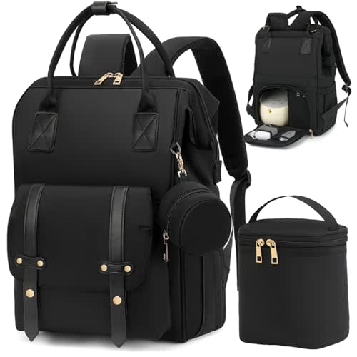 ROSEGIN Breast Pump Bag Backpack with Cooler for Work Mom, Baby Diaper Bag with Pacifier Case, Trolley Sleeve for Travel, Baby Shower Gifts for Girl Boy, Black