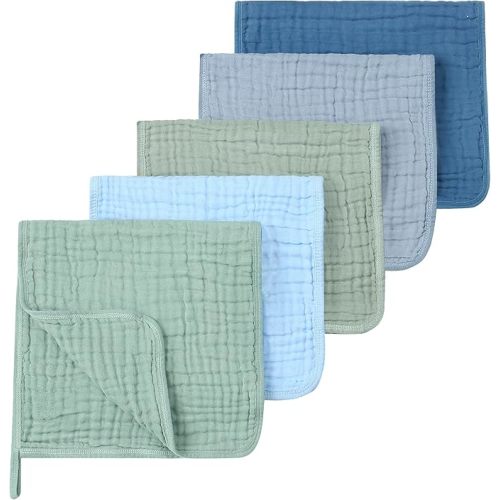 Muslin Burp Cloths 5 Pack Large 20x12 inches Baby Burping Cloths, 6-Layer 100% Cotton for Newborn Boys Girls, Ultra Soft & Absorbent (Blue & Green)