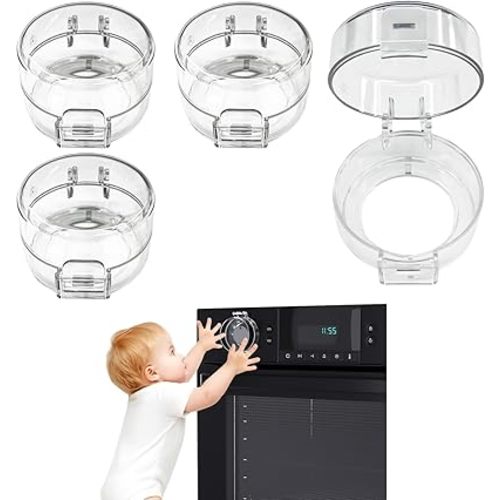 4PCS Gas Stove Knob Covers for Child Safety - Heat-Resistant Baby Proof Stove Knob Covers, Universal Size Stove Knob Safety Covers with Adhesive, Adjustable Child Safety Stove Guard(Clear)