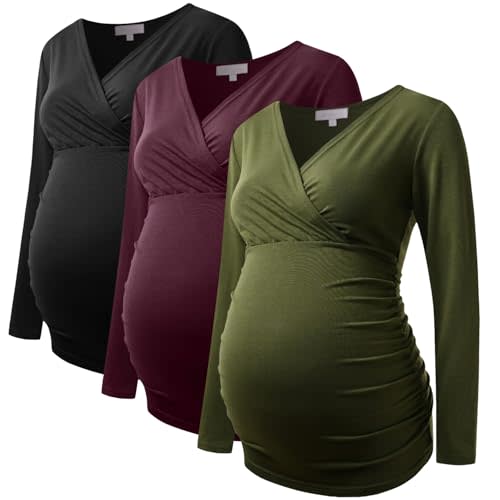 Maternity Shirt Long Sleeve Top Wrap V Neck Blouse Cross Over Nursing Tshirt