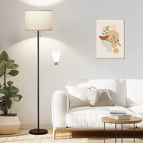 Ambimall Floor Lamps for Living Room with 3 Color Temperatures Bulb & Pull Chain Switch, 60" Modern Standing Floor Lamp for Bedroom Kids Room Study Room(Beige Shade & Black Pole)