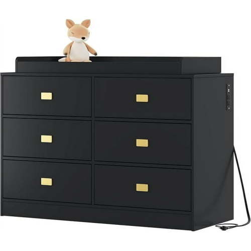 2025 New Baby Changing Table Dresser with 6 Drawers, Baby Chest of Drawers for Nursery with Power Outlets, Changing Pad & Removable Top