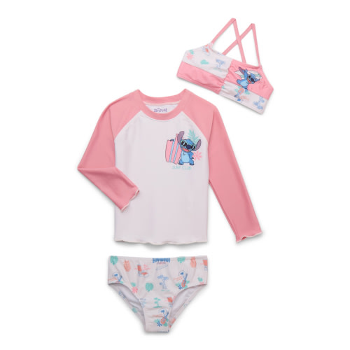 Character Toddler Girl Rash Guard and Bikini Swimsuit Set, 3-Piece, Sizes 12M-5T