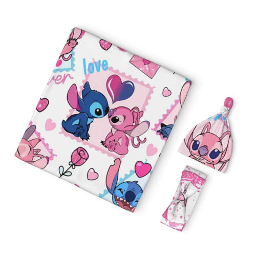 Cartoon Stitch Newborn Essentials Receiving Baby Beanie Hat Headband Swaddle Blanket Set-Nursery Swaddle Wrap Baby Girl Sleeping Bag
