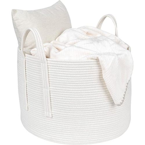 CubesLand Laundry Basket,Laundry Hamper Basket Bin for Laundry,Blanket Basket,Woven Rope Clothes Hamper,Blanket Basket for Living Room,Durable Soft Large Bin Basket with Handle,Round 70L Off White