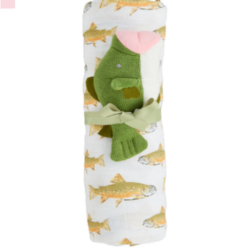 Fish-Themed Swaddle and Rattle Set for Newborns | Mud Pie