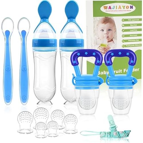 WAJIAYON Baby Fruit Feeder Pacifier | Infant Food Feeder Pacifier & Food Dispensing Spoon | Fresh Fruit Teethers for Babies | Silicone Feeder Baby,Mesh Feeder Shower Gifts for Boys and Girls(Blue)