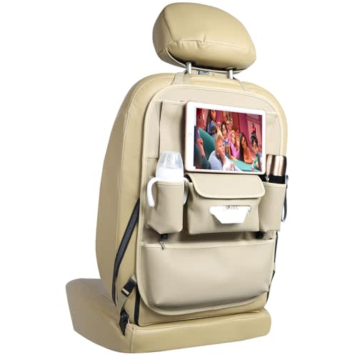Viaviat Car Seat Organizers Waterproof Backseat Protector with Storage Pocket Large Leather Kick Mats for Kids Pets Automobile SUV Truck (Beige, Large Pocket)