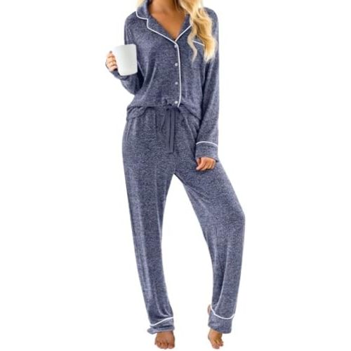 PrinStory Womens Pajama Sets Long Sleeve Pajamas Set Button Down Pjs Sets for Women 2 Piece Lounge Set