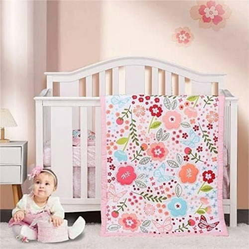 Sweet baba 4 PC Flower Crib Bedding Set, Adorable Pink Crib Set for Baby Girl | Includes Quilt, Crib Sheet, Crib Skirt, Pillowcase