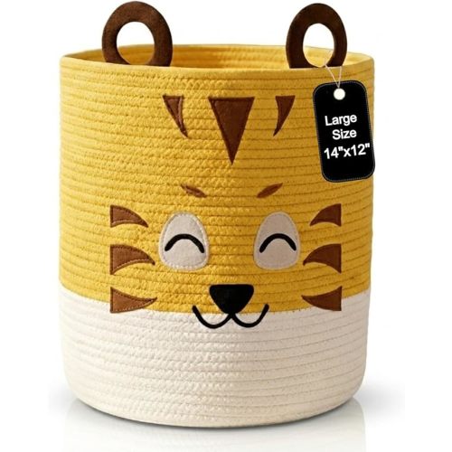 Kid's Storage Basket | 25L Woven Cotton Rope Baby Bin with Tiger Design, Cutout Handles| Foldable Baby-Safe Organization for Stuffed Animals, toys, Laundry Hamper | Nursery & Shelves Storage (Tiger)