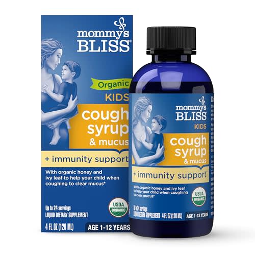 Mommy's Bliss Organic Kids Cough Syrup and Mucus Relief + Immunity Support, Agave & Honey, Ivy Leaf, Elderberry, Zinc, Vitamin C, 4 Fl Oz