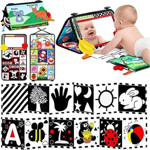3PCS High Contrast Black & White Baby Toys - Tummy Time Mirror Infant Toys with Crinkle Cloth and Teether, Visual Stimulation Sensory Books for Newborns 0 3 6 12 Months, Shower Gift, Stocking Stuffers