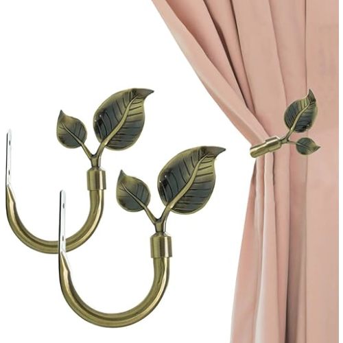 Leaf Shaped Curtain Holdbacks 2pcs, Handmade Metal Curtain Side Holders for Wall, Antique Brass Curtain Tieback Hook Pull Backs for Drapes Window Home Decoration