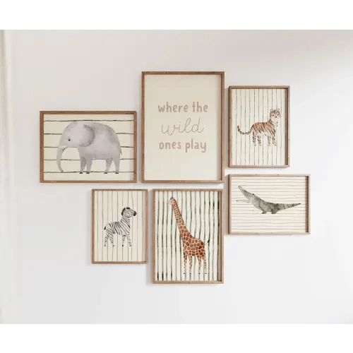 Where The Wild Ones Play Safari Animal Art Print Set of 6 for Nursery, Kids Room, or Playroom