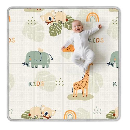 Foldable Baby Play Mat, PIGLOG 50x50 Playpen Mat, Waterproof Playmats for Babies and Toddlers Kids, Safe Foam Playmat for Tummy Time, Reversible Portable Baby Floor Mat for Infant, Giraffe + Elephant