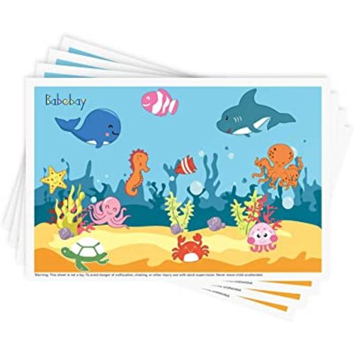Disposable Stick-on Placemats 40 Pack for Baby & Kids, Toddler Placemats in Reusable Pouch 12" x 18" (Blue Ocean Life)