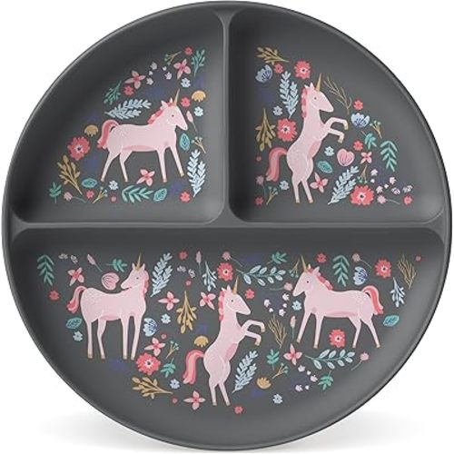 Simple Modern Silicone Plate for Baby and Toddler | Divided and Microwave Safe Plates for Kids | Parker Collection | Unicorn Fields